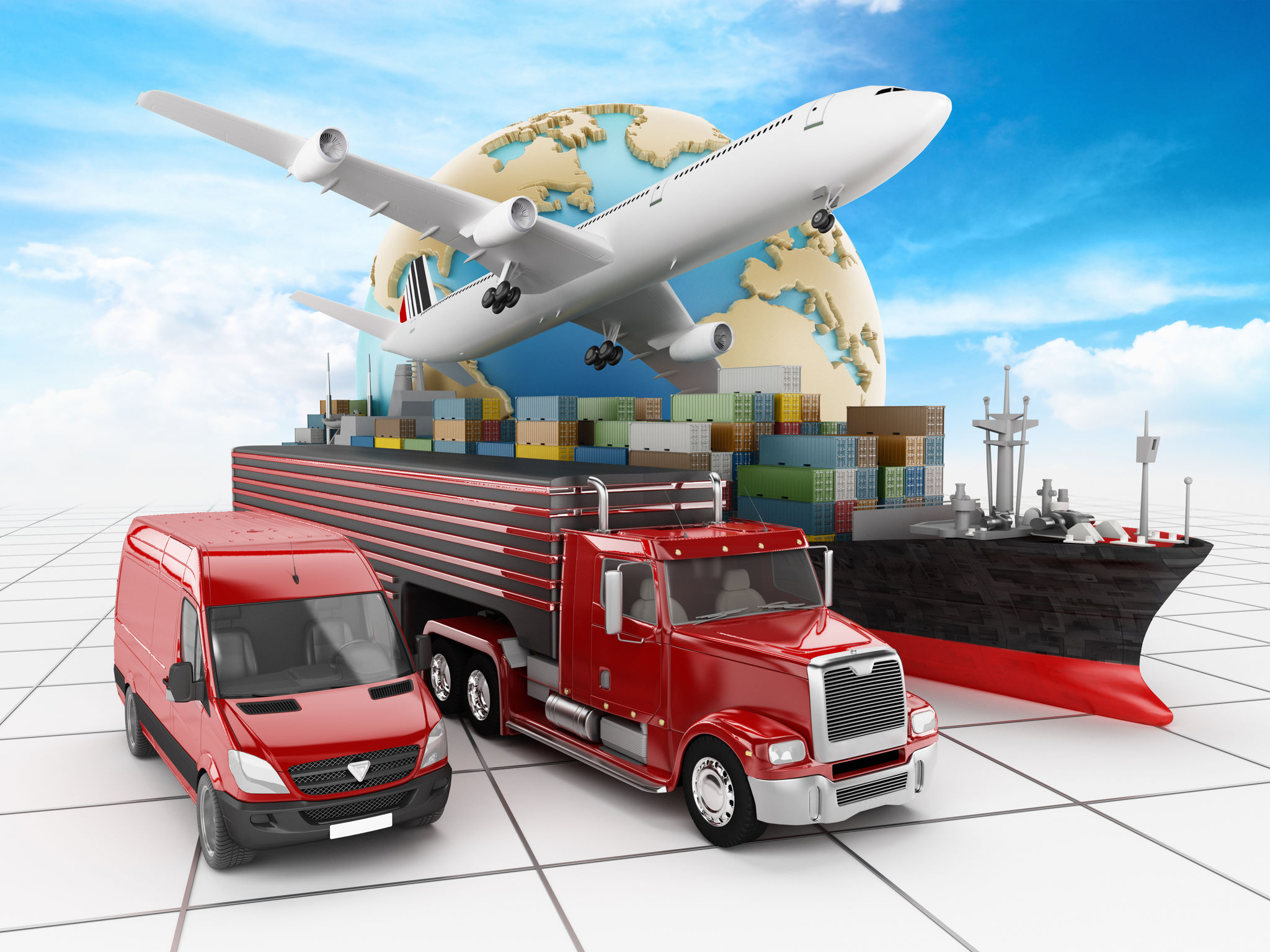 Globe, airplane, truck, cargo ship and van. Global air, sea and road transportation concept. Map traced with vector design software using the reference image in: http://www.lib.utexas.edu/maps/world_maps/txu-oclc-264266980-world_pol_2008-2.jpg